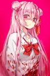  1girl artist_name blood blood_on_face blood_splatter bloody_clothes bow collarbone double_bun dress_shirt eyebrows_visible_through_hair hair_ribbon happy_sugar_life highres long_hair looking_at_viewer matsuzaka_satou megane_shinchuu pink_background pink_eyes pink_hair red_bow red_ribbon ribbon shiny shiny_hair shirt simple_background solo striped striped_neckwear upper_body very_long_hair white_shirt yandere 