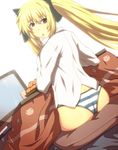  ass bad_id bad_pixiv_id blonde_hair dimples_of_venus fate_testarossa food fujii_toshiaki kotatsu long_hair looking_back lyrical_nanoha mahou_shoujo_lyrical_nanoha panties red_eyes solo striped striped_panties table twintails underwear 