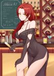  alcohol bangs bar bare_shoulders black_dress black_gloves bottle breasts casual chalkboard choker cleavage closed_mouth collarbone commentary_request covered_navel cup dress drinking_glass earrings elbow_gloves eyebrows_visible_through_hair gloves hair_over_shoulder highres holding holding_cup honkai_impact indoors jewelry large_breasts leaning_forward liu_lan long_hair looking_at_viewer murata_himeko necklace off-shoulder_dress off_shoulder parted_bangs pelvic_curtain red_hair side_slit sidelocks smile solo stool yellow_eyes 