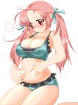  belly_grab blush bow bra breasts copyright_request frilled_bra frilled_panties frills glasses green_bra green_panties large_breasts lingerie navel panties pinching pink_hair plump red_eyes ribbon solo spoken_sweatdrop sweatdrop twintails umehara_emika underwear underwear_only weight_conscious 