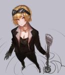  1girl black_legwear black_shirt black_suit blonde_hair breasts cleavage closed_mouth eyebrows_visible_through_hair formal goggles goggles_on_head grey_background hair_between_eyes highres holding holding_microphone_stand jewelry microphone microphone_stand mr._skull necklace original perspective purple_eyes shirt short_hair simple_background sketch solo standing suit 