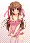  1girl ayase blush bow breasts brown_hair camisole cleavage hair_bow large_breasts long_hair original panties red_eyes solo strap_slip striped striped_panties thighhighs underwear 