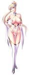  bad_id bad_pixiv_id bare_shoulders blonde_hair blue_eyes boots breasts cleavage curvy earrings highleg highres jewelry large_breasts legs lipstick long_hair makeup navel nipple_slip nipples noriheita original ponytail revealing_clothes ring simple_background solo thigh_boots thigh_gap thighhighs thighs very_long_hair white_background 