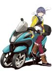  1girl afro_(kngotezo) blue_hair boots eyebrows_visible_through_hair gloves ground_vehicle headwear_removed helmet helmet_removed jacket jitome motor_vehicle motorcycle motorcycle_helmet official_art pants purple_eyes scarf shima_rin short_hair solo winter_clothes yamaha yurucamp 