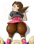  ass brown_hair cropped_jacket crotch_plate earrings green_eyes hair_pulled_back hairband isu jewelry kobun looking_back lowres pantyhose pink_hairband rockman rockman_dash top-down_bottom-up tron_bonne when_you_see_it wide_hips 