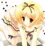  blonde_hair brown_eyes checkered checkered_floor copyright_request cropped hair_ribbon perspective ribbon ryouka_(suzuya) solo thighhighs 
