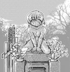  breasts greyscale monochrome nude petrification short_hair small_breasts solo statue stone tombstone 