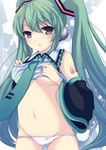  aqua_eyes aqua_hair blue_eyes blush detached_sleeves green_hair hatsune_miku headphones long_hair midriff moccy navel necktie panties solo twintails underwear undressing very_long_hair vocaloid 