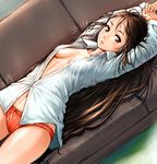  bad_id bad_pixiv_id blush breasts brown_eyes brown_hair couch long_hair lying navel on_back open_clothes open_shirt original panties pirano shirt small_breasts solo underwear very_long_hair white_shirt 
