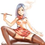  bow_(bhp) breasts green_eyes kiseru long_hair medium_breasts nipples open_clothes original panties pipe silver_hair smoking solo spread_legs thighhighs underwear 