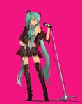  bad_id bad_pixiv_id boots cable chain full_body green_eyes green_hair hair_ribbon hatsune_miku jacket long_hair microphone microphone_stand necktie off_shoulder rakuchii_(rurituvo) ribbon simple_background sleeves_folded_up standing thighhighs twintails vocaloid zettai_ryouiki 