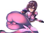  ass blue_eyes bodysuit breasts brown_hair covered_nipples evangelion:_2.0_you_can_(not)_advance finger_to_mouth glasses large_breasts legs_together lips long_hair lying makinami_mari_illustrious neon_genesis_evangelion on_side pink_bodysuit plugsuit rebuild_of_evangelion saburou_(hgmg) skin_tight solo wide_hips 