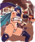  angry blood blue_hair breasts cape cow_girl cow_horns cow_tail gauntlets highres horns huge_breasts lightning mugen_no_fantasia punching red_eyes ryoji_(nomura_ryouji) solo tail thighhighs thighs 