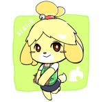  2019 animal_crossing anthro blonde_hair blush canid canine canis clothing dipstick_tail domestic_dog english_text female floppy_ears fur hair hair_ornament holding_object isabelle_(animal_crossing) kuroxxx_kmnk2 mammal multicolored_tail nintendo smile solo text video_games white_fur yellow_fur 