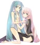  aqua_hair bad_id bad_pixiv_id barefoot hatsune_miku hijiki_(hijikini) long_hair megurine_luka multiple_girls open_clothes open_shirt panties pink_hair shirt simple_background striped striped_panties thighhighs twintails underwear very_long_hair vocaloid yuri 