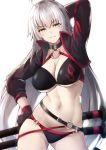  1girl ahoge arm_behind_head arm_up bangs belt bikini black_bikini black_gloves black_jacket breasts choker cleavage cropped_jacket fate/grand_order fate_(series) gloves hair_between_eyes hand_on_hip hazuki_gyokuto jacket jeanne_d&#039;arc_(alter_swimsuit_berserker) jeanne_d&#039;arc_(fate)_(all) katana large_breasts long_hair long_sleeves looking_at_viewer navel sheath silver_hair simple_background smile solo swimsuit sword very_long_hair weapon white_background yellow_eyes 