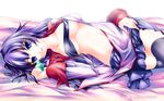  akatsuki_shimeji bad_id bad_pixiv_id bakemonogatari bed black_hair blue_eyes breasts long_hair lying medium_breasts monogatari_(series) necktie senjougahara_hitagi skirt solo stapler thighhighs wallpaper 