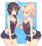  2girls ahoge bare_shoulders black_ribbon blonde_hair blue_eyes blush bottle bow braid brown_hair collarbone covered_navel dan_(kumadan) dress fang hair_bow hair_flaps hair_ornament hair_over_shoulder hair_ribbon hairclip halterneck highres holding holding_bottle kantai_collection long_hair looking_at_viewer multiple_girls open_mouth ramune red_eyes remodel_(kantai_collection) ribbon sailor_collar shigure_(kantai_collection) simple_background single_braid sleeveless sleeveless_dress smile yuudachi_(kantai_collection) 