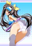  ass bare_shoulders bow brown_hair frilled_panties frills hasumi_eri long_hair miniskirt panties pantyshot pleated_skirt raven_(artist) red_eyes skirt solo tonfa twintails underwear upskirt vanguard_princess visor_cap weapon white_panties yellow_bow 