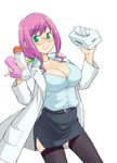  artificial_vagina breasts cleavage copyright_request glasses green_eyes hinemosu_notari labcoat large_breasts pencil_skirt pink_hair pinky_out short_hair skirt solo thighhighs tissue_box 