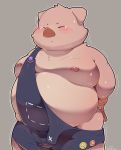  blush bound bulge clothing domestic_pig eyes_closed male mammal moobs nipples overalls overweight quanjiang shaking solo suid suina sus_(pig) sweat tears wardrobe_malfunction 