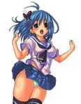  blue_hair blush green_eyes handkerchief original panties pantyshot rokko school_uniform skirt solo thighhighs thighs underwear wind wind_lift 