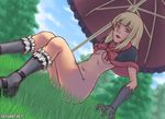  blonde_hair boots bow breasts day digimon digimon_savers frills gloves grass medium_breasts nanami_(digimon) nude parasol shawl sitting sky solo speh strap thighhighs tree umbrella underboob 