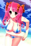  beach bikini breasts day highres itou_ben large_breasts long_hair original pink_hair purple_eyes solo striped striped_bikini swimsuit twintails 