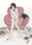  arakawa_(aintnoroom) barefoot black_hair blush bottomless breasts carton chair clothes_removed covered_nipples cream easy_chair embarrassed feet flower food fruit full_body legs messy milk naked_shirt no_bra open_clothes open_shirt original sexually_suggestive shirt short_hair sitting small_breasts solo strawberry tears wet_and_messy whisk 