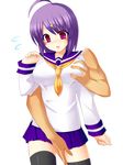  ahoge bad_id bad_pixiv_id blush_stickers breast_grab breasts disembodied_limb grabbing groping hair_ornament medium_breasts open_mouth original purple_eyes purple_hair school_uniform serafuku smiley_face solo_focus thighhighs tsukumiya_amane zettai_ryouiki 