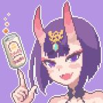 1girl alcohol balancing bangs beer beer_can bob_cut can fang fate/grand_order fate_(series) hcnone index_finger_raised looking_at_viewer oni oni_horns open_mouth outline pixel_art portrait purple_background purple_eyes purple_hair short_hair shuten_douji_(fate/grand_order) simple_background smile solo white_outline 