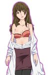  bags_under_eyes bra breasts brown_eyes brown_hair kiyama_harumi labcoat lingerie medium_breasts miniskirt navel pantyhose pencil_skirt ribonzu skirt solo strap_slip sweat to_aru_kagaku_no_railgun to_aru_majutsu_no_index underwear undressing 