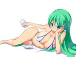  alcohol bad_id bad_pixiv_id bikini bottle breasts cleavage covered_nipples cup frog green_eyes green_hair hair_ornament kochiya_sanae large_breasts long_hair midriff navel nipples okaki sakazuki sake snake solo swimsuit tokkuri touhou 