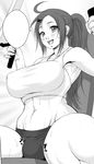  ahoge armpits blush breasts bulge chinbotsu copyright_request exercise futanari greyscale hair_ornament hairclip large_breasts long_hair monochrome muscle navel ponytail shirt solo sweat tank_top taut_clothes taut_shirt 