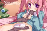  bad_id bad_pixiv_id blush bottomless christmas_tree copyright_request eeeeee letter long_hair mouth_hold pink_hair purple_eyes socks solo twintails 