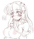  areolae bangs between_breasts blush breasts cleavage detached_sleeves frog gekkou_ookami hair_ornament head_tilt kochiya_sanae large_areolae large_breasts long_hair looking_at_viewer monochrome nipples nose_blush nude oekaki pyonta sexually_suggestive simple_background sketch smile snake solo touhou upper_body white_background 
