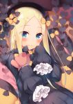  1girl abigail_williams_(fate/grand_order) bangs black_bow black_dress black_hat black_pillow blonde_hair blue_eyes blush bow closed_mouth dress eyebrows_visible_through_hair fate_(series) frilled_sleeves frills hair_bow hat holding holding_stuffed_animal long_hair long_sleeves looking_at_viewer orange_bow orange_pillow parted_bangs pillow polka_dot polka_dot_bow polka_dot_pillow sazaki_ichiri sleeves_past_fingers sleeves_past_wrists smile solo stuffed_animal stuffed_toy teddy_bear very_long_hair 