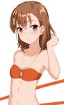  1girl absurdres arm_behind_back arm_up armpits bangs bare_arms bare_shoulders bikini bikini_top blush breasts brown_eyes brown_hair closed_mouth collarbone commentary_request eyebrows_visible_through_hair eyes_closed flower hair_flower hair_ornament highres kohakope looking_at_viewer medium_hair misaka_mikoto orange_bikini simple_background small_breasts solo swimsuit to_aru_kagaku_no_railgun to_aru_majutsu_no_index two-tone_background upper_body white_background 