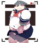  absurd_res balls blush canid canine canis clothed clothing crossdressing embarrassed girly hi_res male mammal moobs no_underwear overweight penis_head quanjiang recording school_uniform shirt_pull snot solo tears uniform wolf 