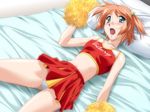  1girl bed blue_eyes cheerleader game_cg orange_hair pom_poms sagara_family sagara_ruruka solo surprised sweat victory zyx 