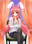  alternate_costume alternate_hair_color animal_ears blue_door bra bunny_ears crossed_arms crossed_legs lingerie long_hair looking_at_viewer open_clothes open_shirt pantyhose pink_hair red_eyes reisen_udongein_inaba shirt sitting skirt solo touhou underwear very_long_hair 