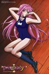  absurdres akashiya_moka areola areolae blush breasts collar cross erect_nipples footwear green_eyes highres kneehighs lying navel one-piece_swimsuit photoshop pink_hair rosario+vampire school_swimsuit shoes socks swimsuit vampire 