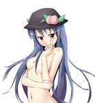  bad_id bad_pixiv_id blue_hair flat_chest food fruit hat hinanawi_tenshi long_hair nude peach red_eyes solo sunyukun touhou upper_body 