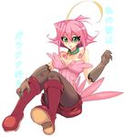  ahoge bangs bell bell_collar blush boots breasts cleavage collar elbow_gloves gloves green_eyes hamimimi jingle_bell large_breasts pantyhose personification pink_hair short_hair sitting solo sonic_chick tail yuu-gi-ou yuu-gi-ou_duel_monsters 
