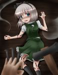  blood candle guro hair_ribbon hammer highres injury konpaku_youmu konpaku_youmu_(ghost) looking_back nail ribbon shimo_(depthbomb) short_hair silver_hair tears touhou wax 