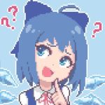  1girl ? ?? ahoge bangs blue_background blue_bow blue_eyes blue_hair border bow cirno hair_bow hand_up hcnone ice ice_wings index_finger_raised open_mouth pixel_art portrait short_hair simple_background smile solo touhou white_border wings 