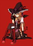  alternate_costume asymmetrical_clothes bad_id bad_pixiv_id bag bat_wings blonde_hair bloomers blush boots bow braid covering_face cross-laced_footwear demon_tail fingerless_gloves flower gloves hair_bow hair_ribbon hand_on_headwear hat hat_tug kirisame_marisa lace-up_boots leg_garter long_hair marisu pantyhose ribbon rose side_braid sitting solo tail touhou underwear wings witch_hat wrist_cuffs yellow_eyes 