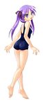  absurdres barefoot blue_eyes blush feet full_body hair_ribbon hands highres hiiragi_kagami kneepits long_hair looking_back lucky_star norizou_type-r one-piece_swimsuit purple_hair ribbon school_swimsuit simple_background smile standing swimsuit tsurime twintails 