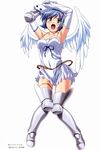  absurdres angel angel_wings armpits arms_up asymmetrical_wings blue_hair blush boots breasts elbow_gloves gloves green_eyes highres kuuchuu_yousai medium_breasts miniskirt nanael open_mouth queen's_blade scan short_hair skirt solo thighhighs wings 