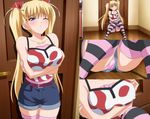  blonde_hair blush breast_hold breast_support breasts cap cleavage cute erect_nipples horny large_breasts nipples oni_chichi panties pantyshot pink_panties screencap shorts shy sitting socks striped striped_legwear striped_socks thighhighs underwear wet_panties wince wink 